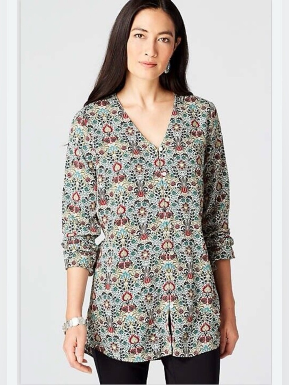 J. Jill Multicolor Botanical Floral V-Neck Button Front Blouse Size Large Petite